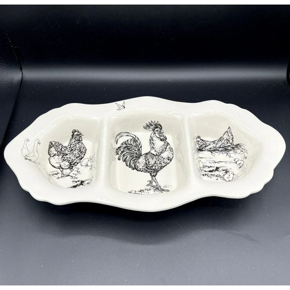 Barnyard Toile by Sadek 3-Part‎ Divided Oval Server Platter Scalloped E. Trostli